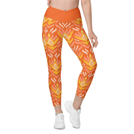 Orange Ikat Crossover Leggings With Pockets