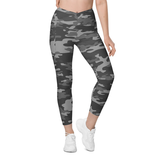 Gray Camo Crossover Leggings with Pockets