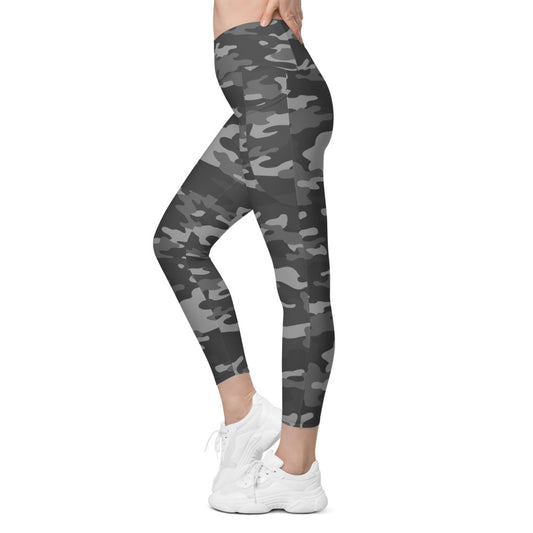 Gray Camo Crossover Leggings with Pockets