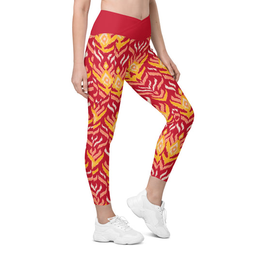 Red Ikat Crossover Leggings with Pockets
