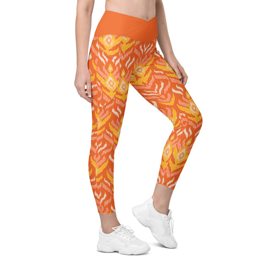 Orange Ikat Crossover Leggings With Pockets