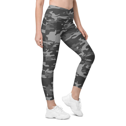 Gray Camo Crossover Leggings with Pockets
