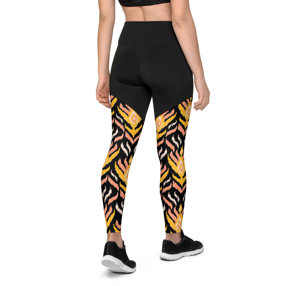 Black Ikat Sports Compression Leggings