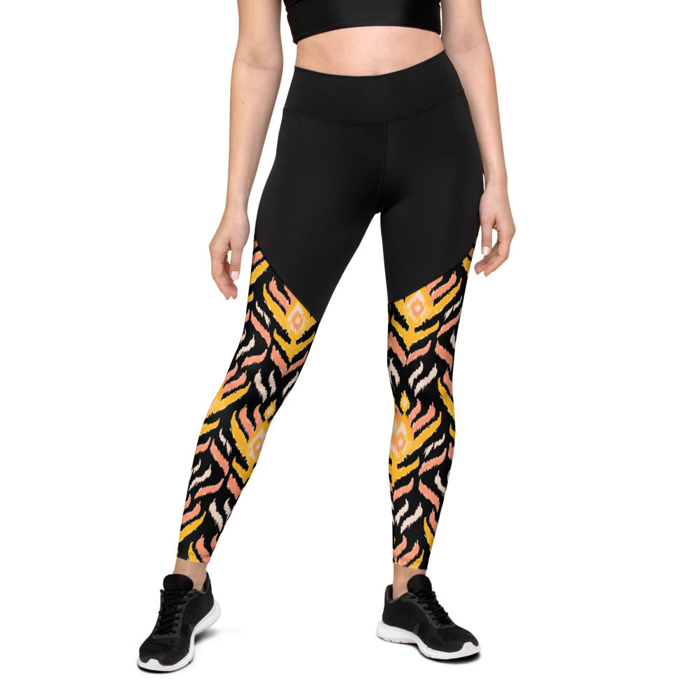 Black Ikat Sports Compression Leggings