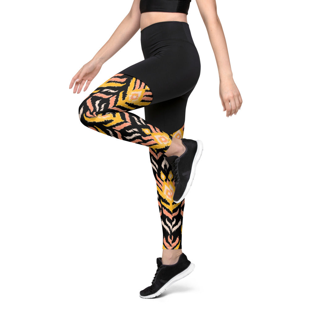 Black Ikat Sports Compression Leggings